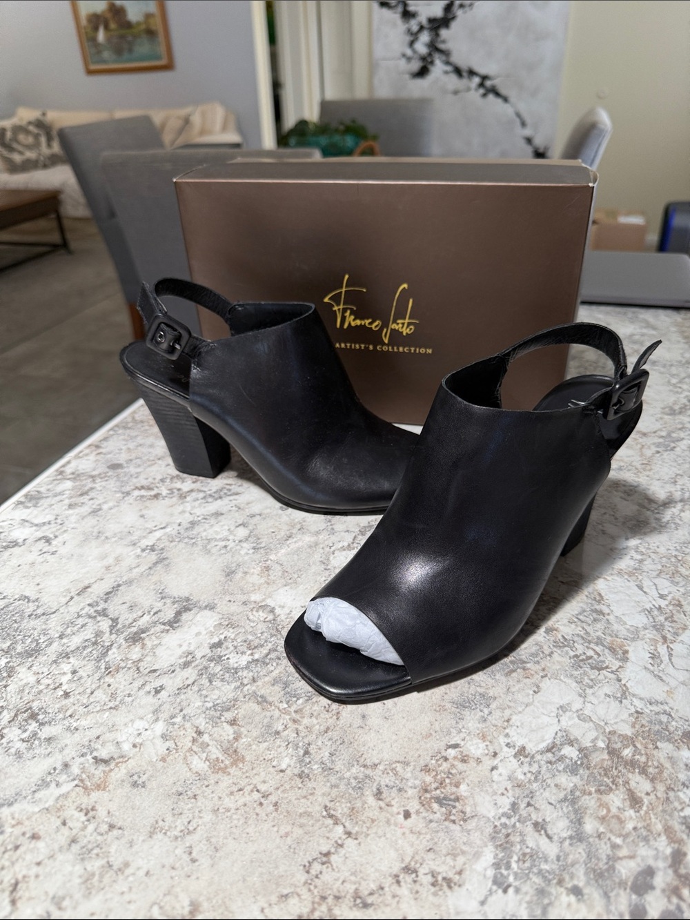 Franco Sarto Black Leather Peep-Toe Slingback Block Heels